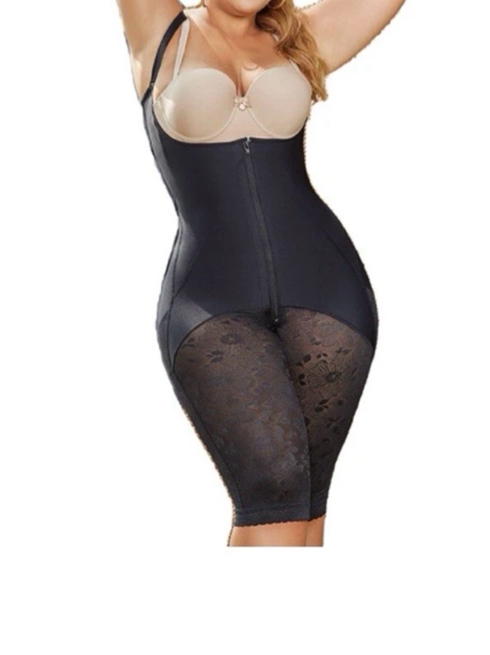 Black High-Waist Lace Panel Full Body Shaper